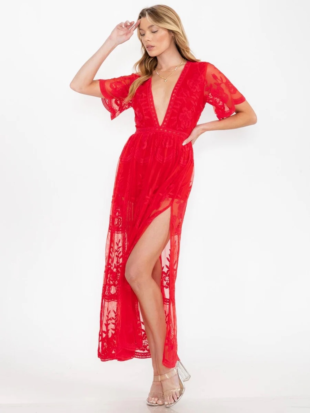 Honey Punch Women’s Short Sleeve V Neck Lace  Maxi Dress New Boutique